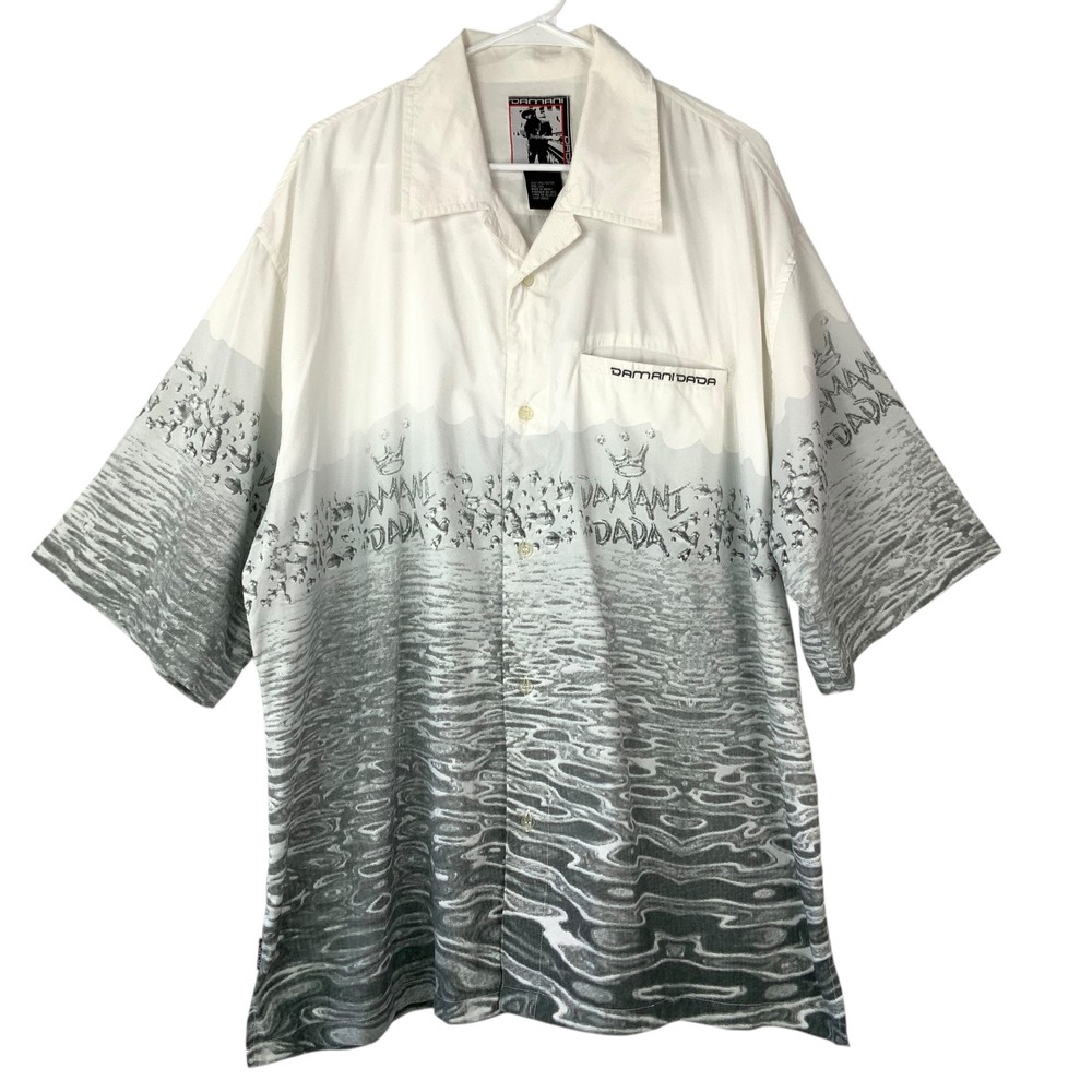 Damani Dada Men 2XL White Gray Water Ripple Graphic Button Down Shirt Streetwear